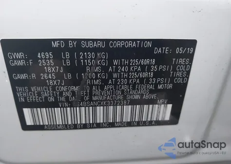 2019 Subaru Outback 2.5I Limited z USA, uszkodzony, nr VIN 4S4BSANCXK3372387